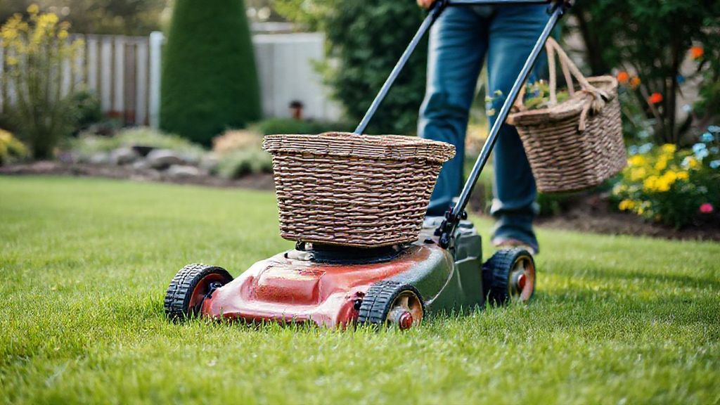 Pessoa usando cortador de grama com coletor em um jardim bem cuidado
