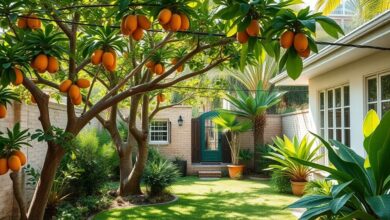Quintal com árvores frutíferas e ornamentais formando um ambiente verde e equilibrado.