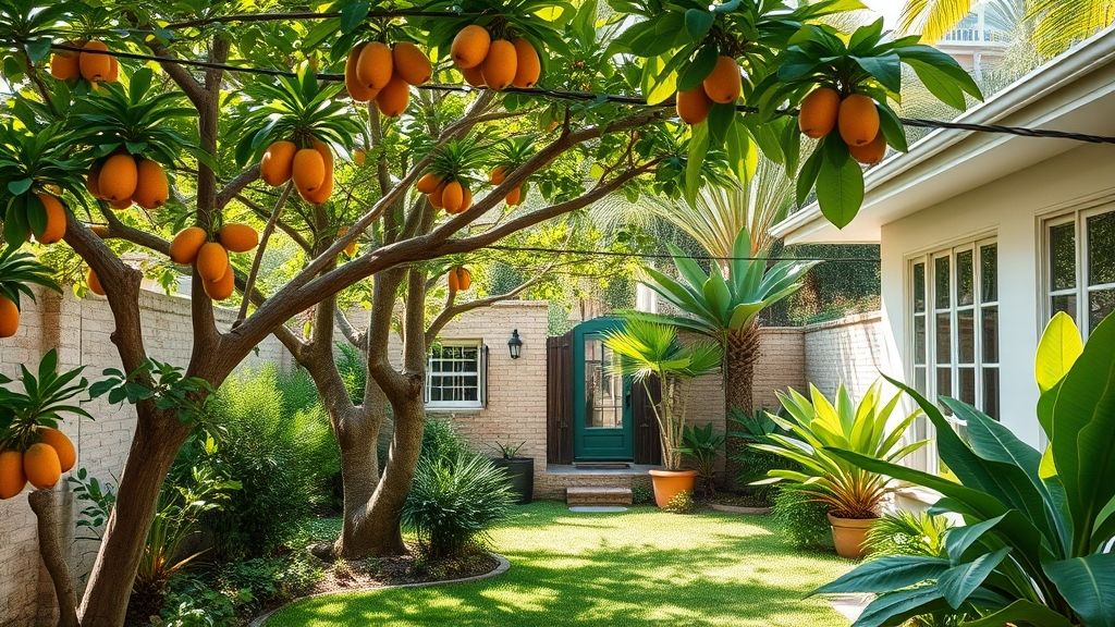 Quintal com árvores frutíferas e ornamentais formando um ambiente verde e equilibrado.