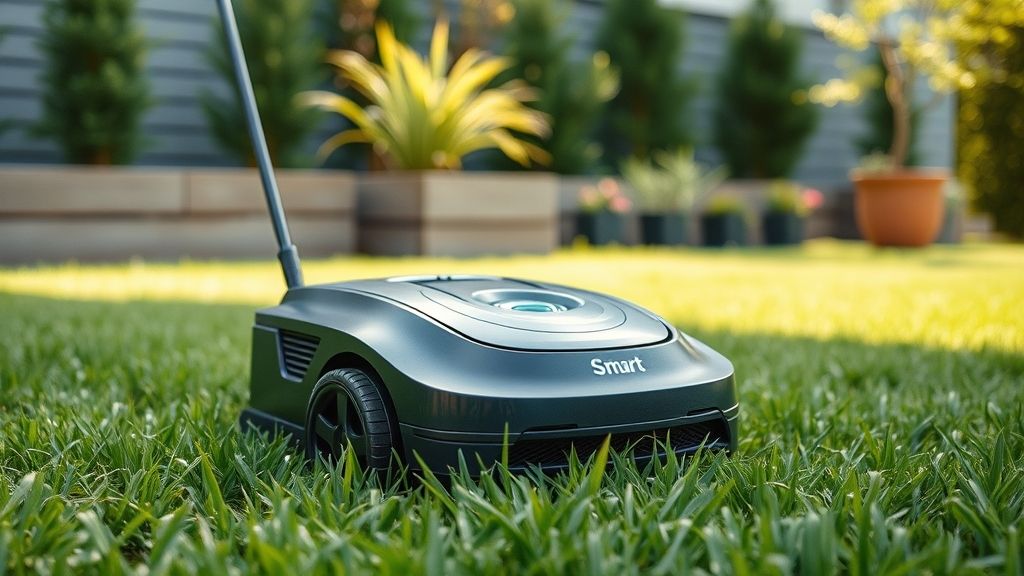 Jardim verde com cortador de grama inteligente em ação.