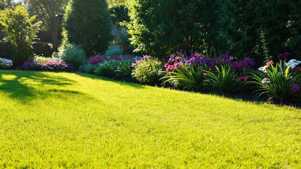 Jardim residencial com gramado aparado e canteiros limpos, mostrando o resultado do corte.