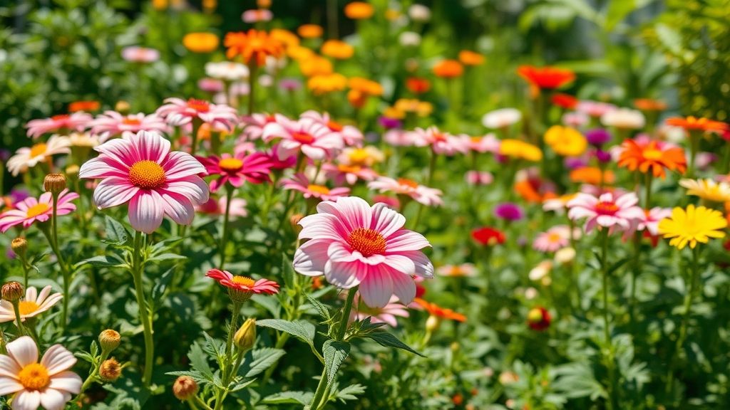 Vista ampla de um jardim com várias espécies floridas coloridas.