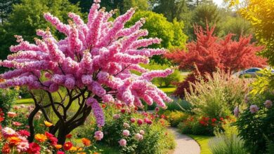 Jardim com diversas árvores floríferas em plena floração, criando um cenário vibrante e acolhedor.