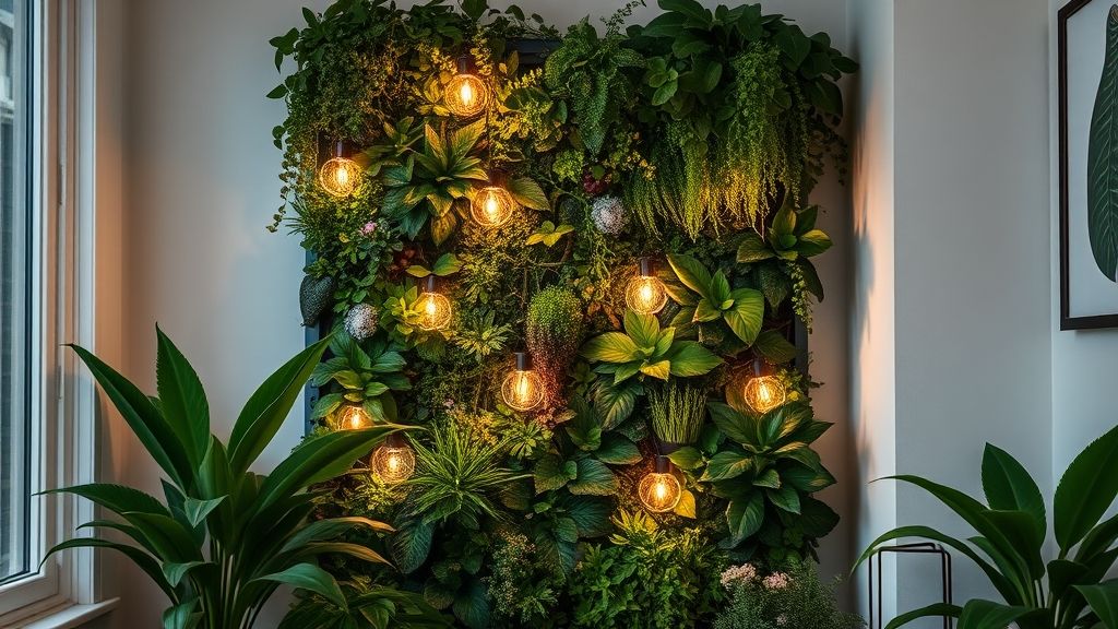 Resultado final do jardim vertical simples com vasos e iluminação decorativa.