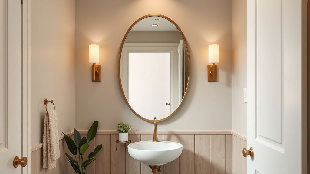 Lavabo pequeno finalizado com espelho grande, luz quente e plantas decorativas.