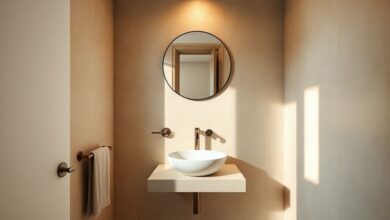 Lavabo compacto com cuba de apoio, espelho grande e iluminação quente.