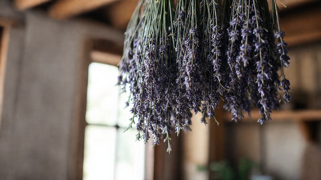 Ramos de lavanda pendurados para secagem em local ventilado.