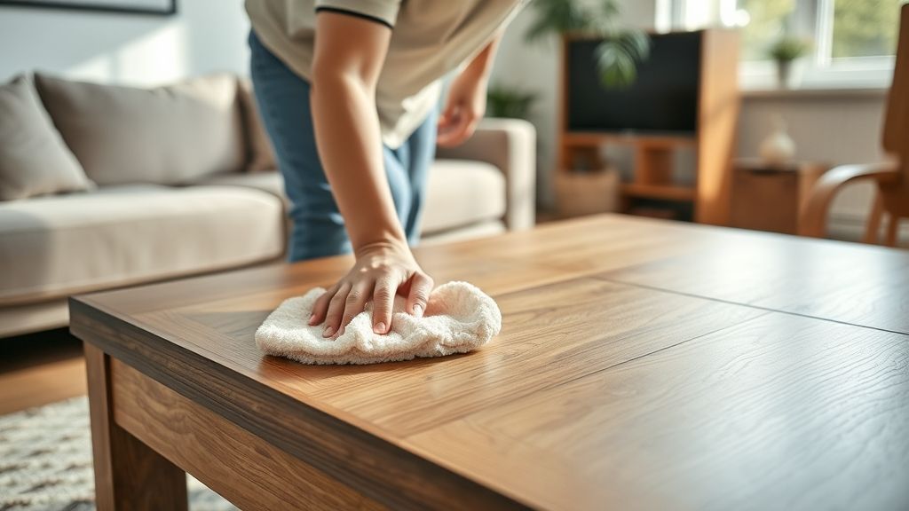 Pessoa limpando mesa de madeira com pano de microfibra em ambiente iluminado.