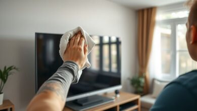 Pessoa limpando tela de TV desligada com pano de microfibra em sala moderna.