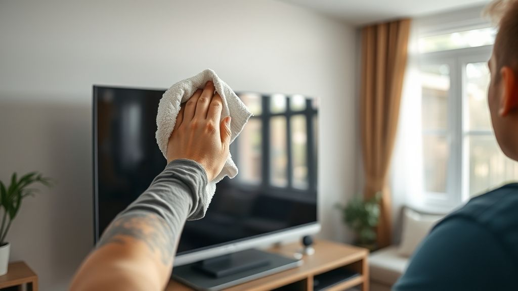 Pessoa limpando tela de TV desligada com pano de microfibra em sala moderna.