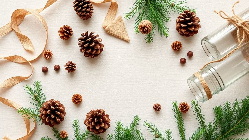 Flat lay com pinhas, fitas, juta, vidro e galhos naturais para decoração natalina.