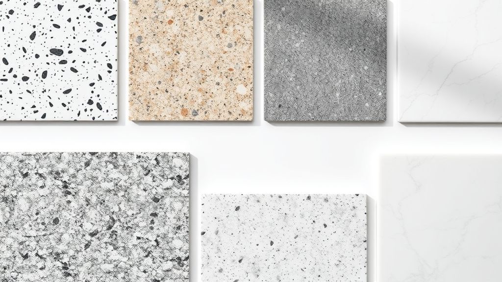Amostras de granito, quartzo e porcelanato lado a lado sobre superfície branca.