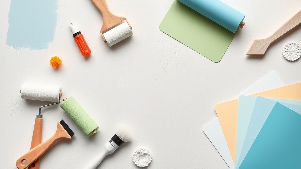 Conjunto de rolos, tintas e amostras de cores para parede.