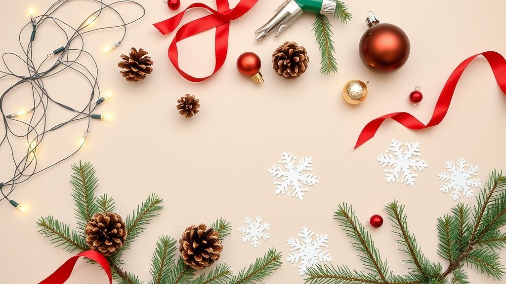 Materiais básicos para decorar janela de Natal dispostos em mesa.