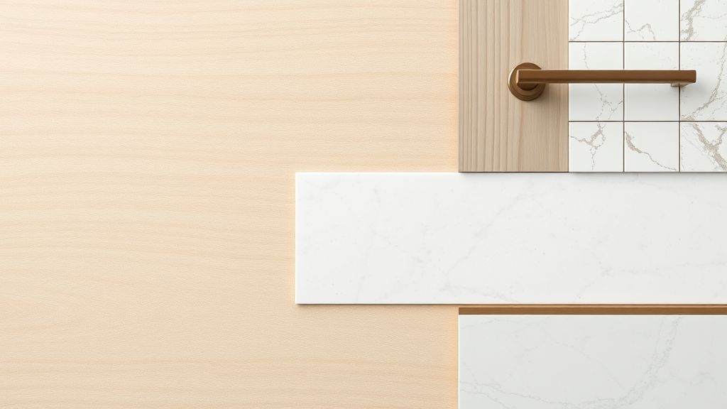 Close-up de amostras de MDF, quartzo e metais utilizados em cozinhas planejadas.