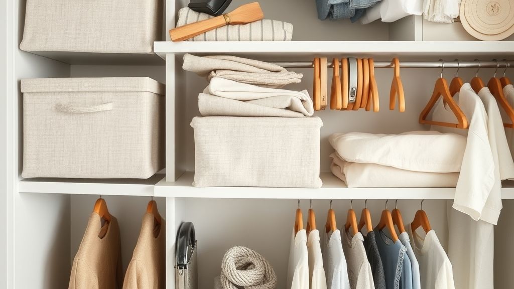 Close-up de caixas, cabides e divisórias usadas em organizador de guarda-roupa.