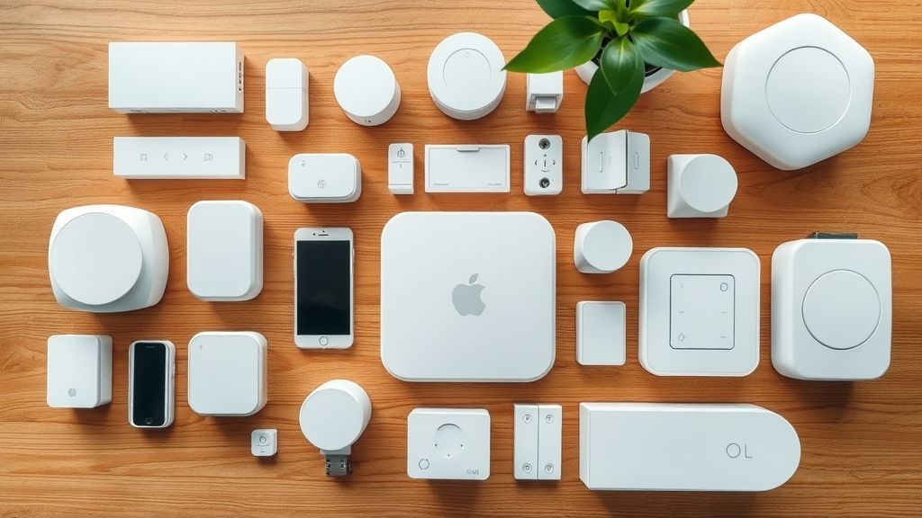 Conjunto de dispositivos e componentes usados na automação residencial organizados sobre uma mesa.