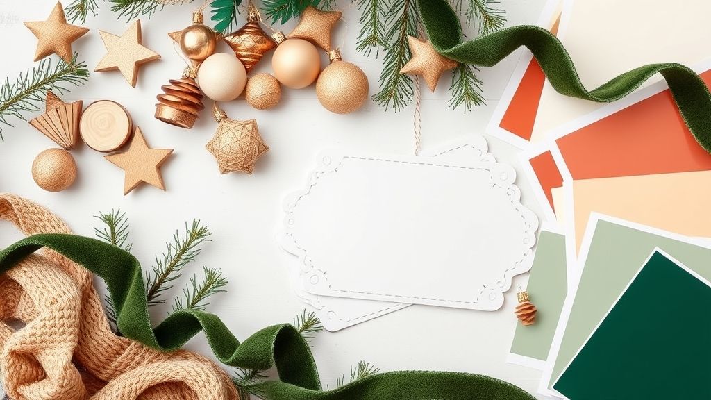 Flat lay com fitas, enfeites de madeira, juta, tintas e amostras de cores natalinas.