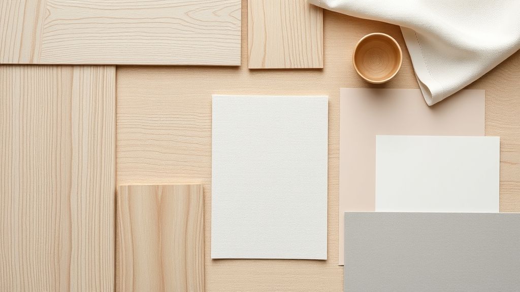 Flat lay com amostras de madeira clara, tecidos neutros e metal fosco.