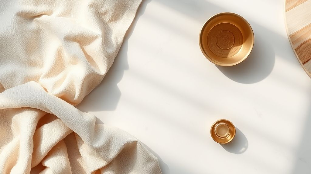 Flat lay com tecidos, madeira, mármore e metais dourados usados em decoração de luxo.
