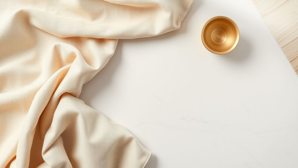 Close de tecidos nobres, madeira clara e metais escovados usados em decorações sofisticadas.