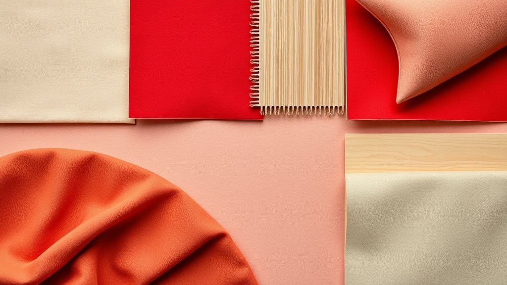 Amostra de tecidos e revestimentos em tons de vermelho e neutros.