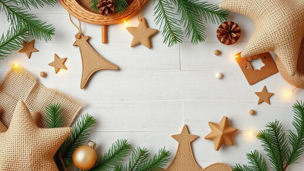 Conjunto de materiais ecológicos como juta, madeira e palha para enfeites de Natal artesanais.