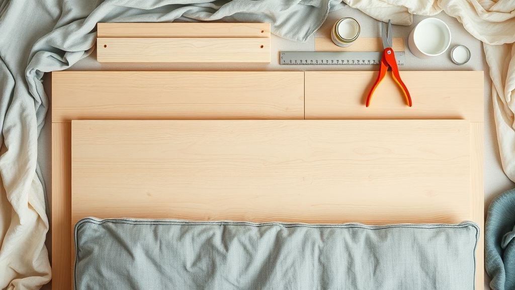 Flat lay com madeira, tecido, tinta e ferramentas para montagem de cabeceira de cama artesanal.
