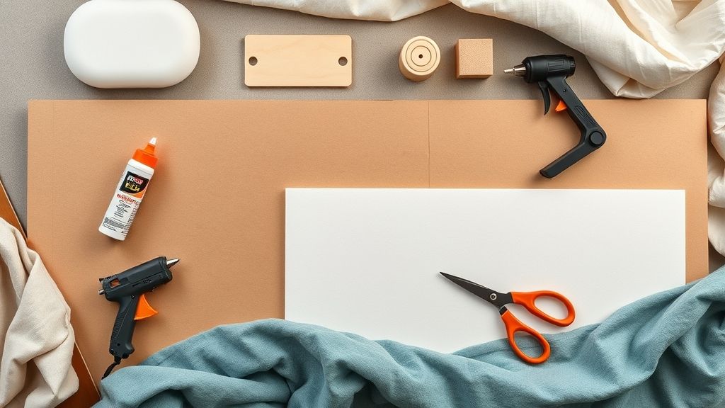 Flat lay com MDF, espuma, tecido e ferramentas de tapeceiro.