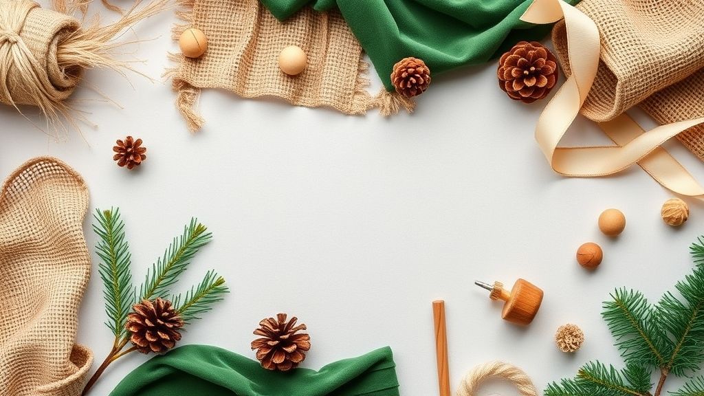 Flat lay com juta, sisal, veludo e pinhas para confecção de enfeites.