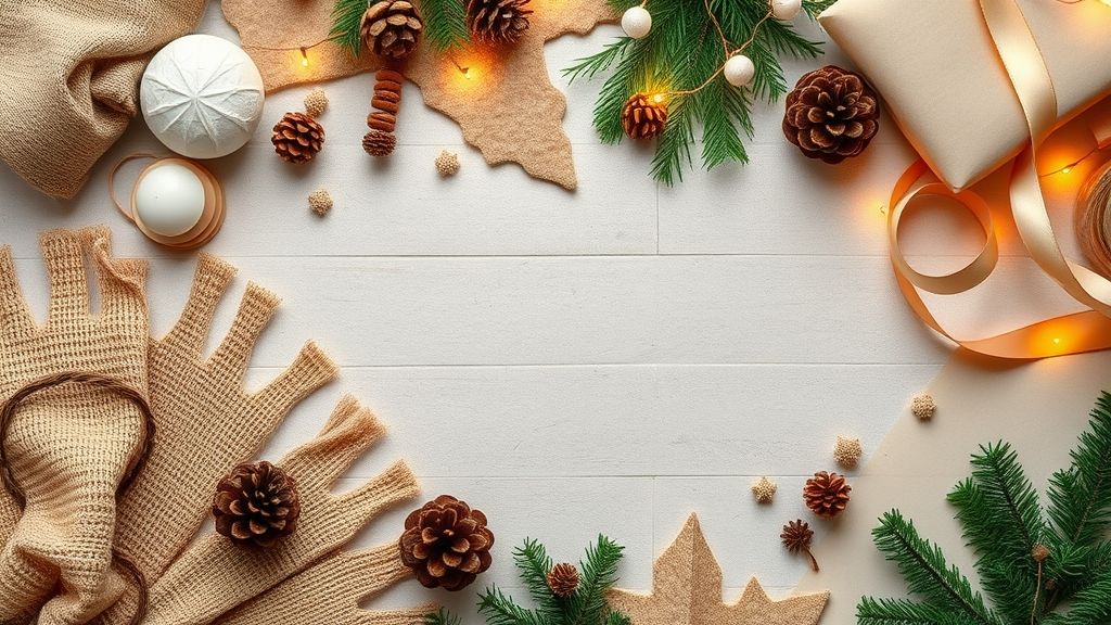 Flat lay com juta, feltro, pinhas, papéis e tecidos usados para criar enfeites de Natal 2025 DIY.