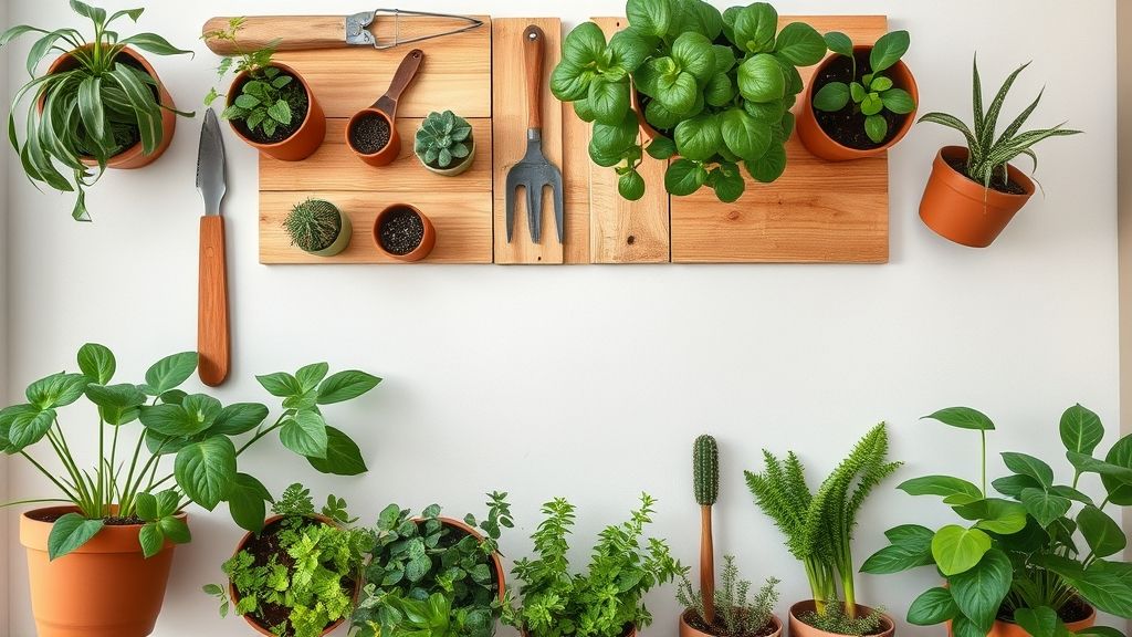 Conjunto de vasos, painéis e ferramentas usados para montar o jardim vertical.