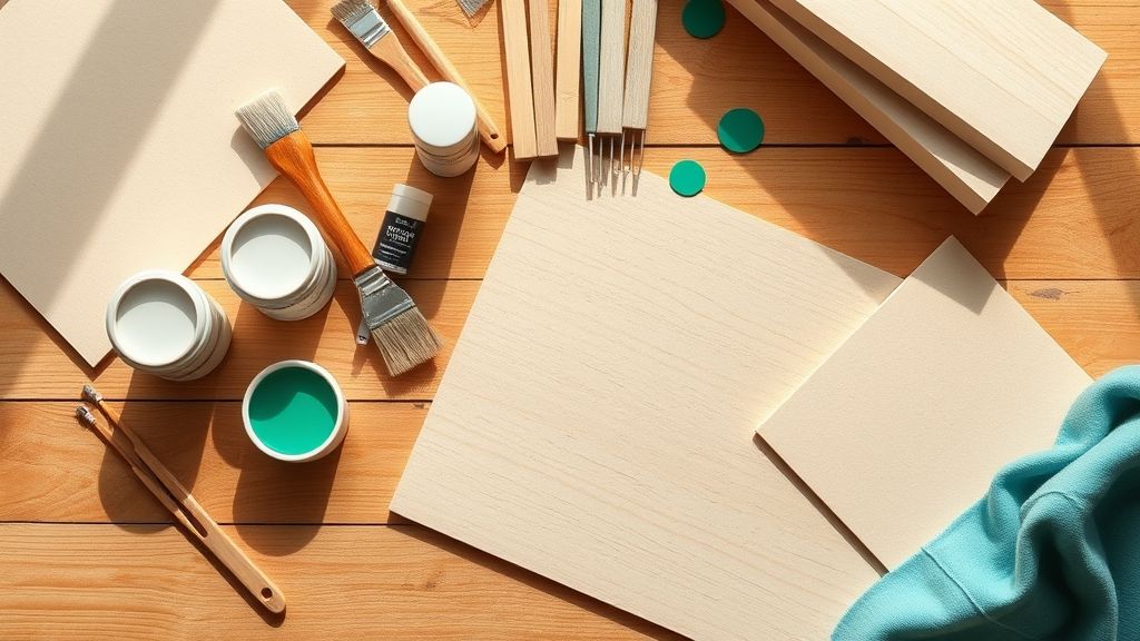 Conjunto de tintas, pincéis, lixas e seladora dispostos sobre bancada de artesanato.