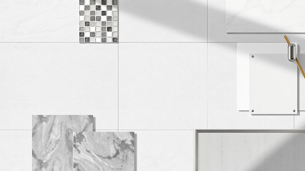 Flat lay com porcelanatos, pastilhas e perfis de alumínio.