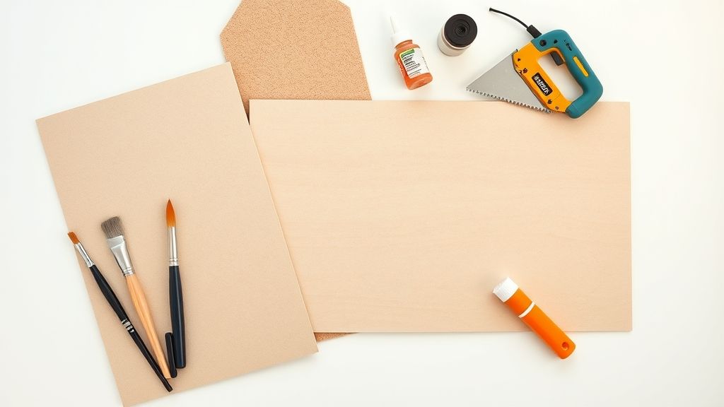 Conjunto de ferramentas e placas de MDF prontos para artesanato.