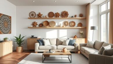 Peças de MDF decorativas em uma sala moderna e aconchegante.