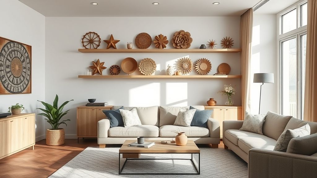 Peças de MDF decorativas em uma sala moderna e aconchegante.