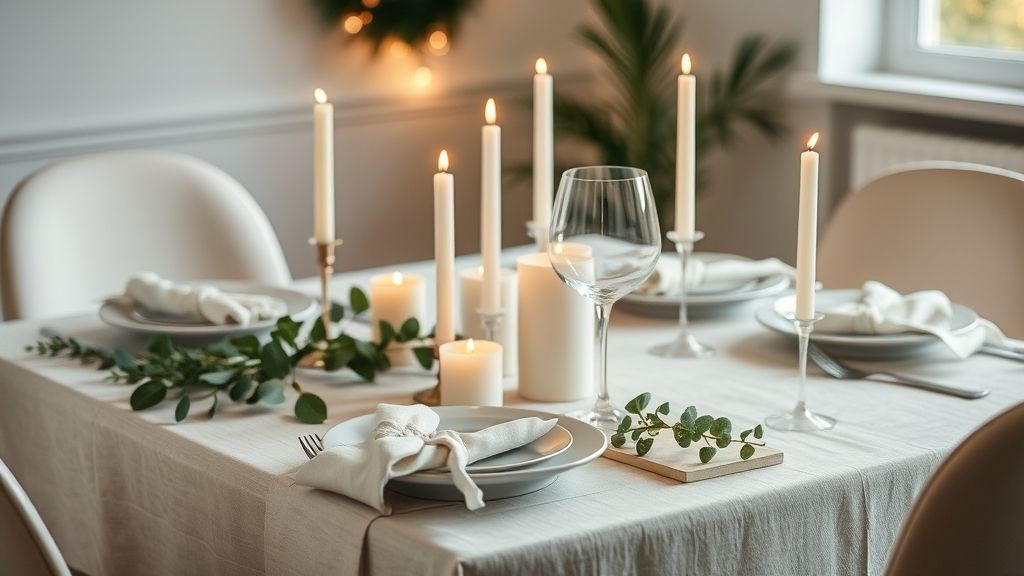 Mesa de jantar decorada com velas, folhagens e elementos naturais.