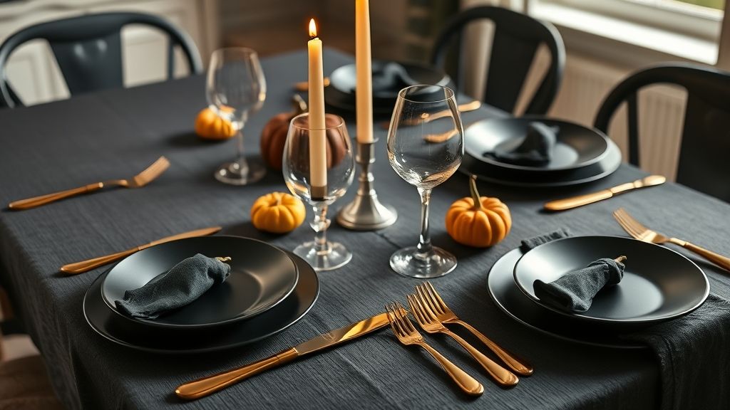 Mesa decorada com tema de Halloween usando velas pretas, abóboras e talheres dourados.