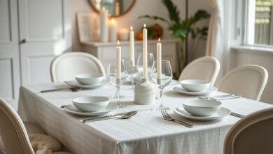 Mesa posta com louças brancas, flores e velas em ambiente acolhedor.