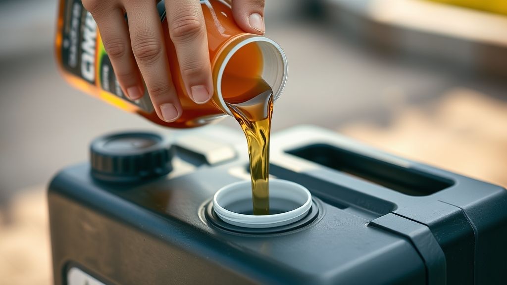 Pessoa preparando mistura de gasolina e óleo 2T para abastecer roçadeira.