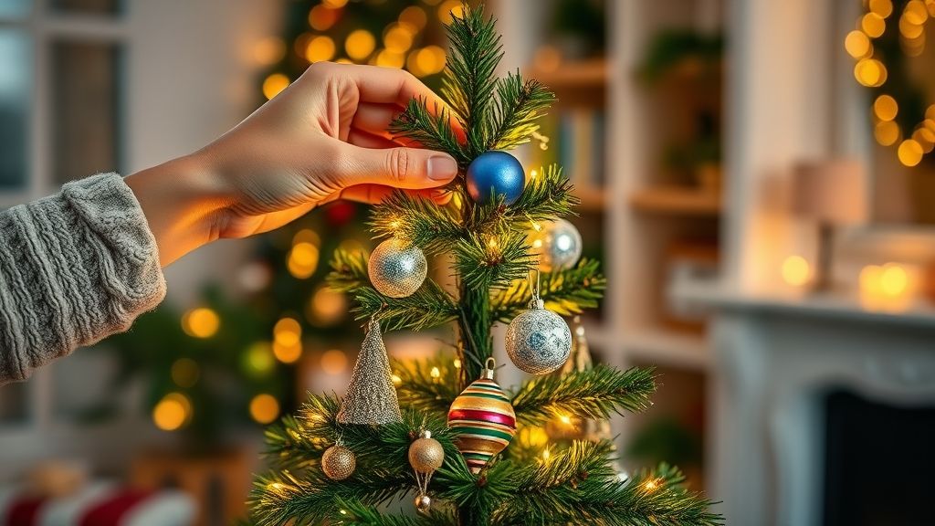 Pessoa decorando árvore de Natal com luzes e enfeites reciclados.