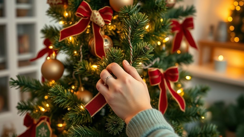 Pessoa decorando uma árvore de Natal com luzes LED e laços de veludo.