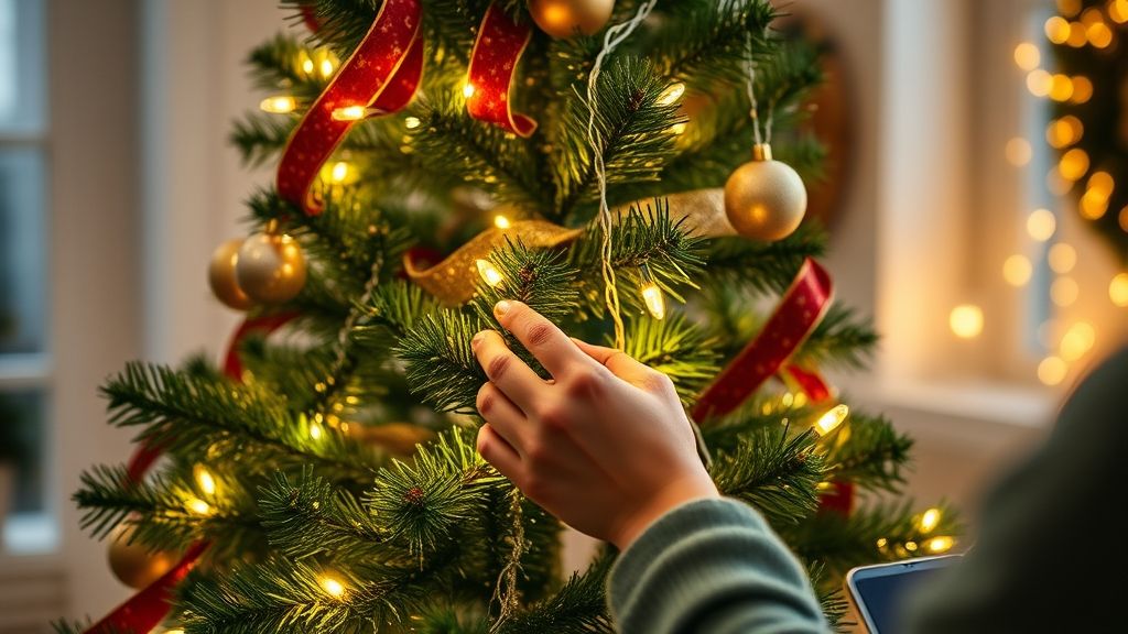 Processo de montagem dos enfeites de Natal, com mãos posicionando luzes e laços na árvore.