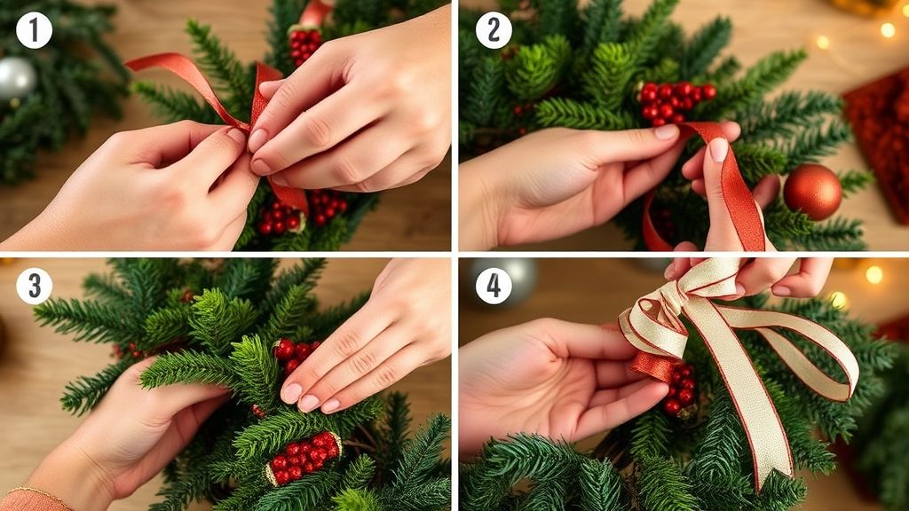 Mãos montando guirlanda, fixando folhagens e laços decorativos sobre o aro de cipó.