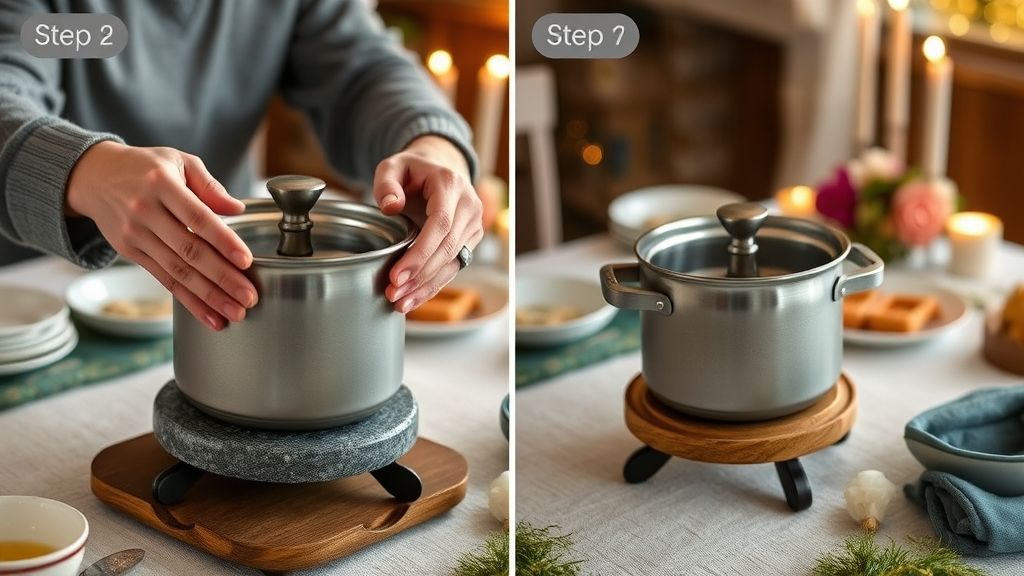 Mãos posicionando panela de pedra sobre suporte térmico, ao fundo uma mesa decorada.