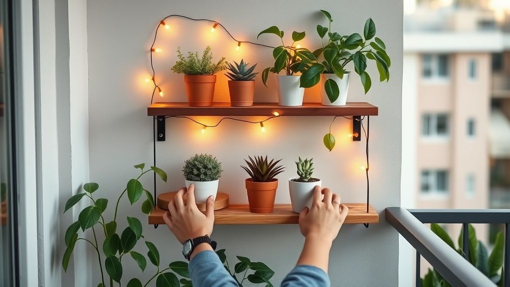 Pessoa instalando luminária e prateleira com vasos em varanda pequena.