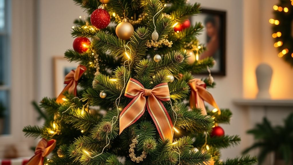 Pessoa adicionando luzes LED e laços em uma árvore de Natal moderna durante o processo de montagem.