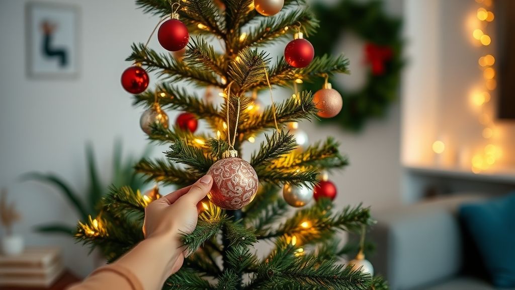 Pessoa decorando árvore de Natal pequena em sala compacta.