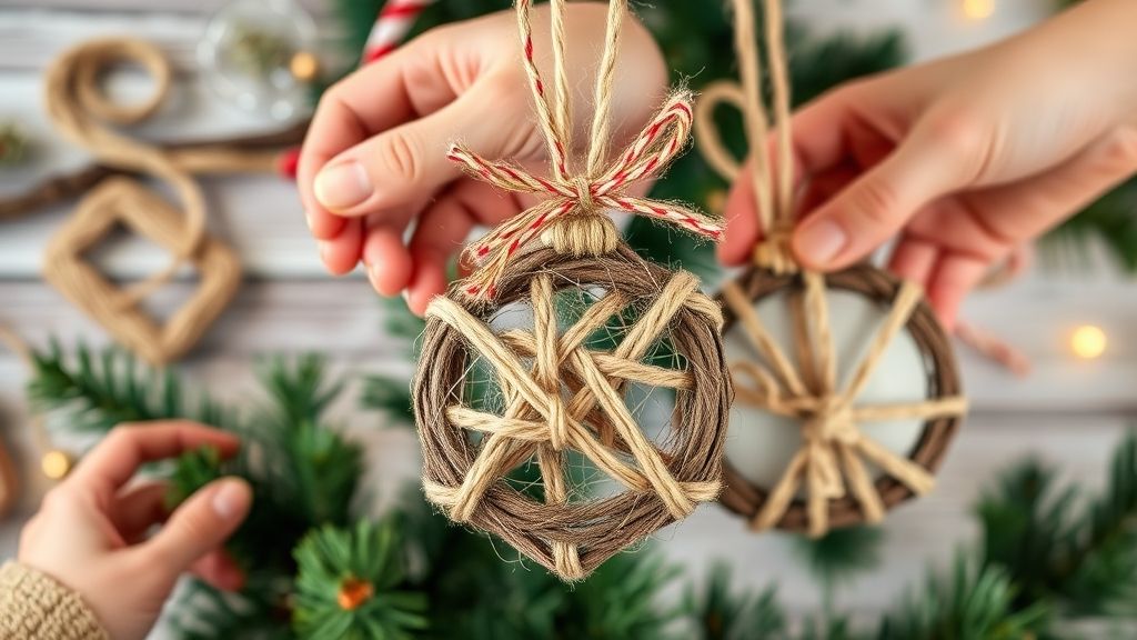 Mãos montando enfeites de Natal com galhos, juta e fitas coloridas.